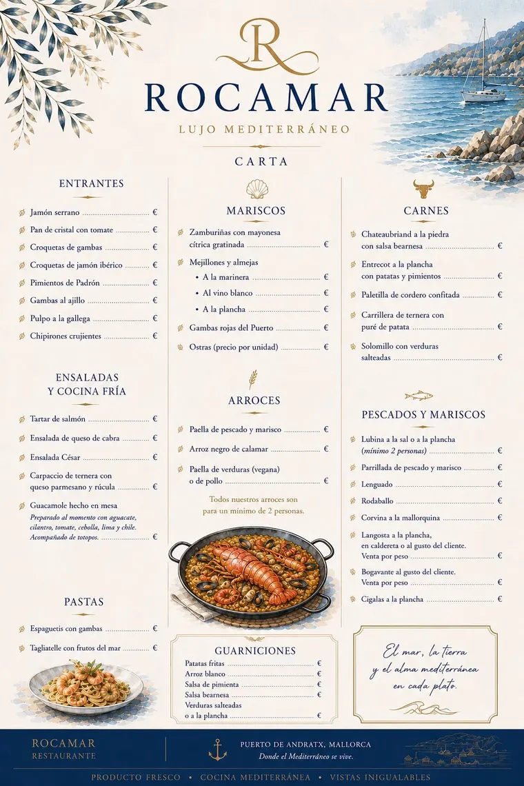 Carta del restaurante Rocamar (Puerto de Andratx, Mallorca): entrantes, ensaladas y cocina fría, pastas, mariscos, arroces, guarniciones, carnes y pescados y mariscos. Cocina mediterránea de producto.