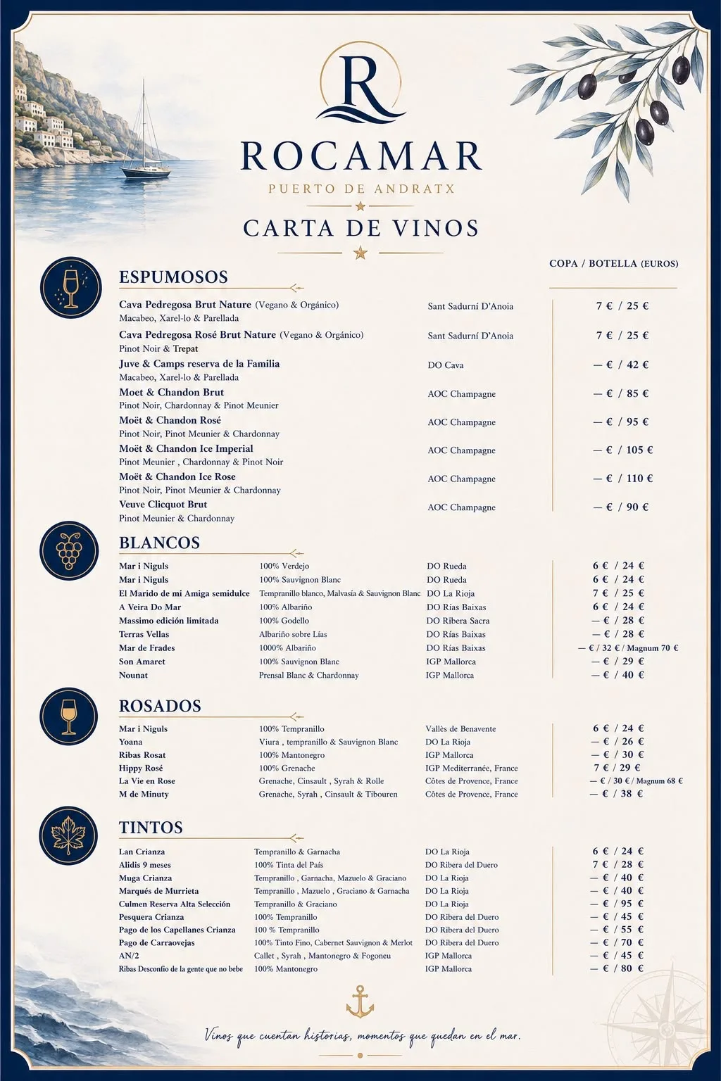 Carta de vinos del restaurante Rocamar (Puerto de Andratx, Mallorca): espumosos y champagnes, blancos, rosados y tintos, con sus variedades de uva y denominaciones de origen.